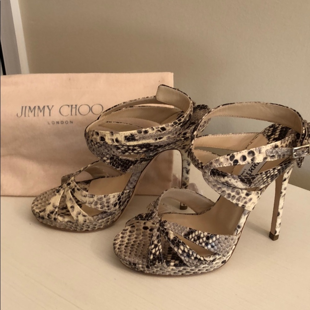 Jimmy Choo Snakeskin Print Strappy Platform Heels in Beige and Black